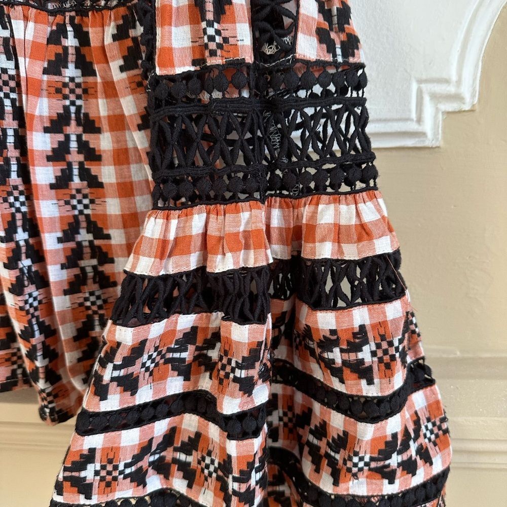 Dodo Bar Or Angel M Gingham Lace Embroidered Smocked Blouse Top Bell Sleeve - Picture 3 of 5